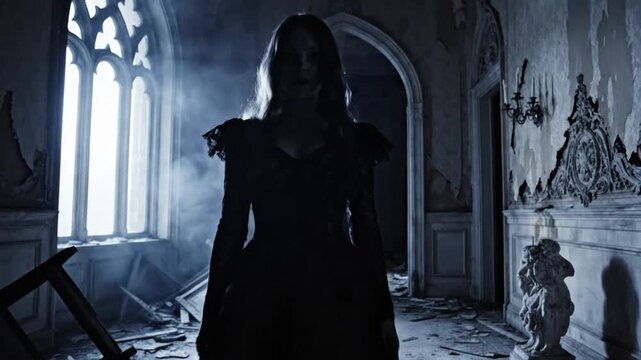 Mysterious woman in black dress in abandoned ruined mansion