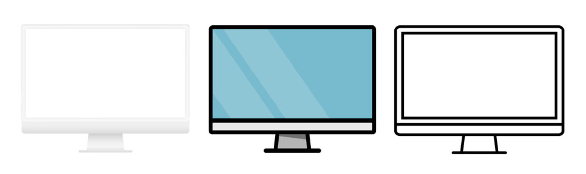 Computer Monitor Display Set in Different Styles Clay Flat and Outline For Mockup, Icon, Illustration and Advertising Use Vector