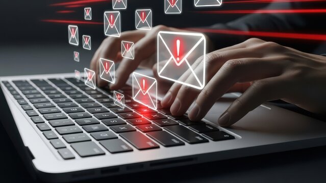Hands typing on laptop with outgoing email notification alerts flying out