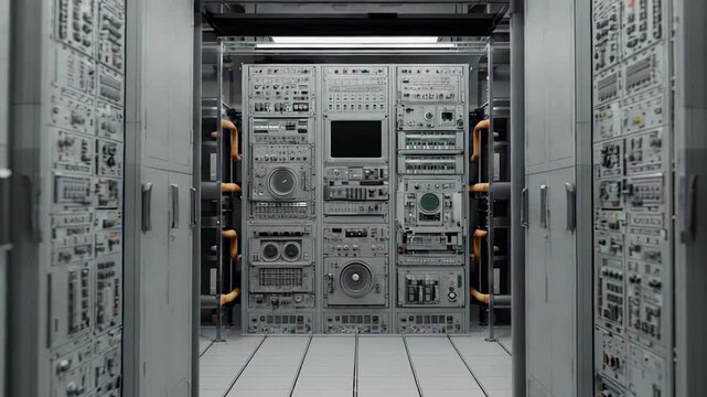 Server room with vintage mainframe computer technology and analog components filling a hallway, creating a classic data center or control room environment