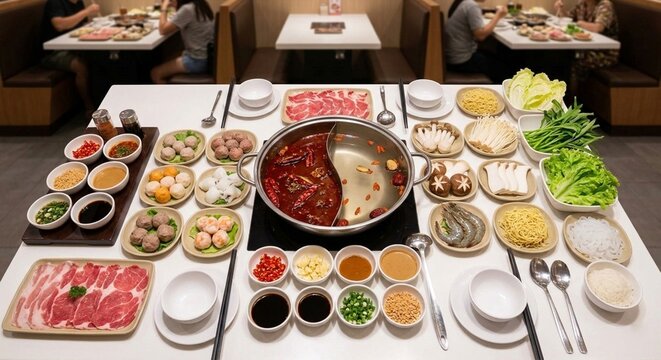 Chinese mala hot pot with spicy and clear broth, served with sliced meat, meatballs, shrimp, and fresh vegetables on a white table in a restaurant.