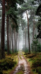 Fototapeta premium Narrow Forest Trail Leads Into Misty Light With Tall Pine Trees on Both Sides Providing Natural Surroundings for Walking or Hiking