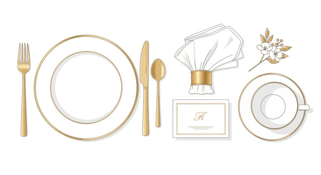 Elegant gold place setting with plate, cutlery, napkin, card, and teacup on white background