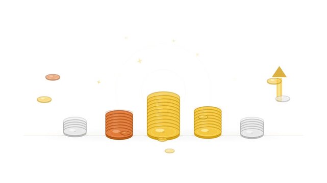 Animated coins stacking upward representing financial growth savings investment profit income money increase business concept modern clean vector design