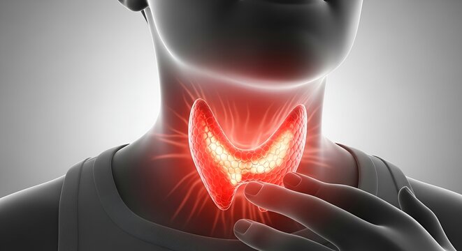 Illustration of a person with a highlighted thyroid gland, symbolizing thyroid health and medical conditions.