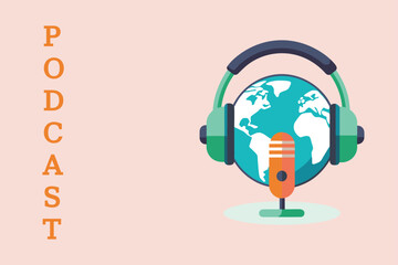 World podcast banner with globe headphones and microphone on pastel background. © MDMAHEDI