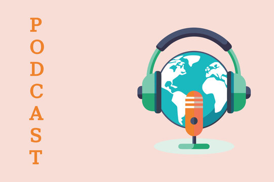 World podcast banner with globe headphones and microphone on pastel background.