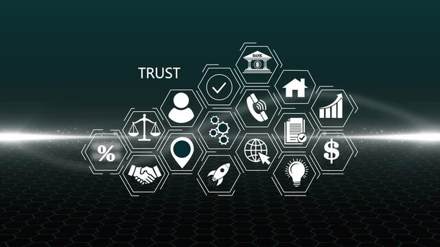 Futuristic Trust concept. Glowing holographic planet earth digital network with collaboration, innovation and corporate leadership. Business, technol4k bular grid background video animation