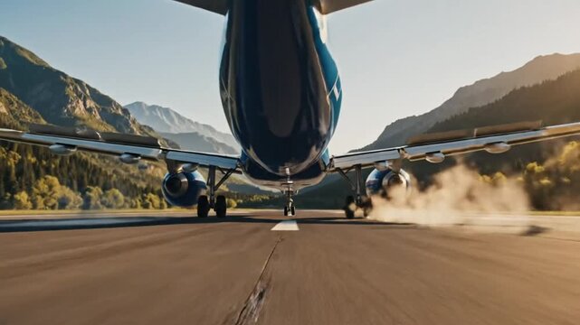 Aircraft landing on runway between mountains, low angle, rear view of airplane touches down on asphalt at airport