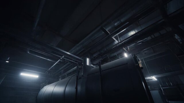 Large industrial boiler or tank standing in a dimly lit, vast underground facility or cellar, creating an ambiance of mystery and abandoned industrial machinery