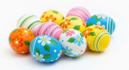 Fototapeta premium A vibrant collection of hand painted decorative easter eggs resting on a white studio background