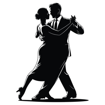 Silhouette tango dancers, elegant couple performing passionate ballroom dance, romantic partners gracefully moving across dance floor