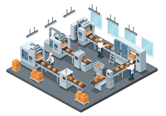 Fototapeta premium Isometric 3D view vector illustration of food processing factory interior with packaging machines, conveyor system and uniformed workers in clean hygienic production facility
