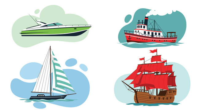Collection of various water vessels including a modern yacht, tugboat, sailboat, and an old wooden pirate ship on blue.