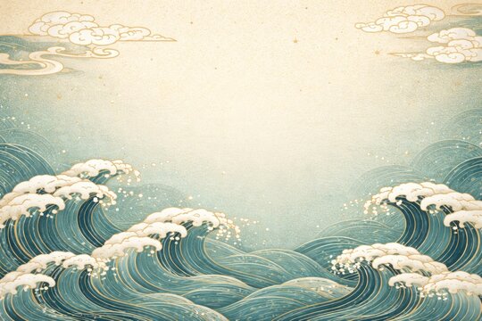 Vintage ocean waves with clouds.