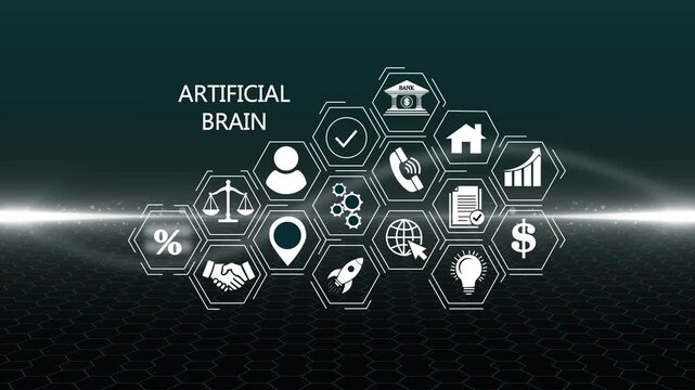 Futuristic Artificial Brain hologram concept. Glowing holographic planet earth digital network with collaboration, innovation and corporate leadership. Business, technology 4k video animation