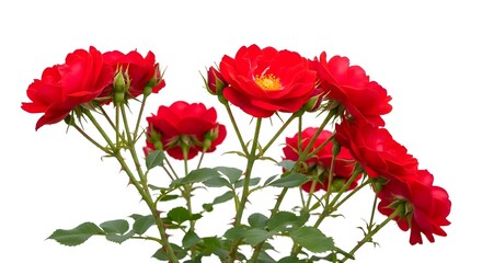 Obraz premium A bouquet of vibrant red roses with lush green leaves on a white background