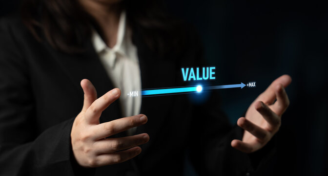 Value measurement and adjustment concept showing value, performance, and optimization level with focus on data analytics, calibration, and improvement Latch