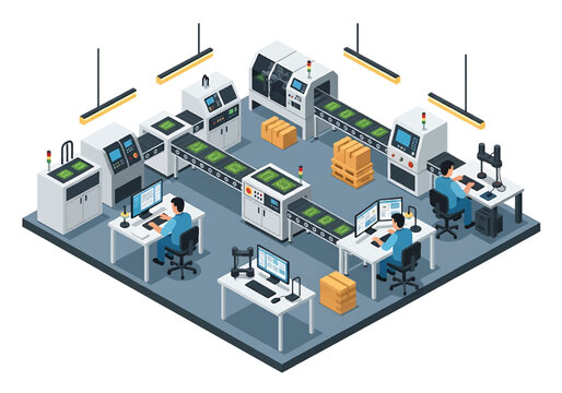 Isometric 3D view vector illustration of electronics factory with circuit board assembly line, testing stations and workers in high tech production environment