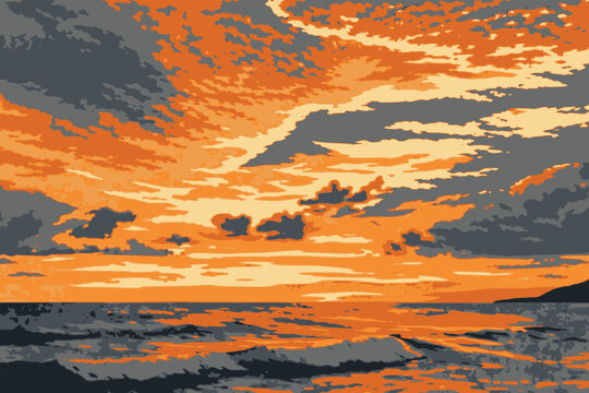 beautiful sunset in the ocean landscape view nature background flat color vector illustration template design