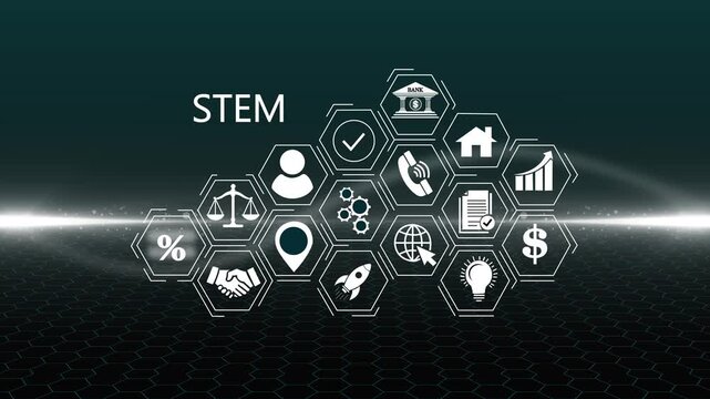 Futuristic Stem concept. Glowing holographic planet earth digital network with collaboration, innovation and corporate leadership