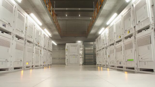 Modern digital data center managing and protecting global network information, featuring rows upon rows of server racks extending into the distance, highlighting advanced technology infrastructure