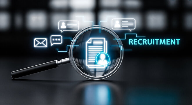 Magnifying glass focusing glowing blue digital recruitment document user profile icon dark background human resources job search candidate hiring concept