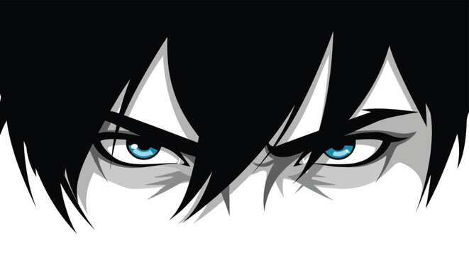 Close-up of intense anime eyes with bright blue pupils and dark hair expressing a determined and highly focused look.