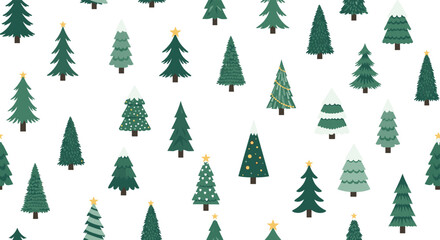 Obraz premium Festive seamless pattern featuring various stylized christmas trees decorated with stars and snow on a white background.