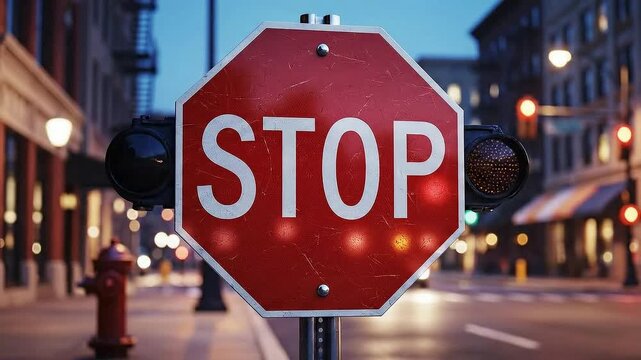 Stop Sign Illuminated City Street Traffic Light Dusk Cinematic Motion