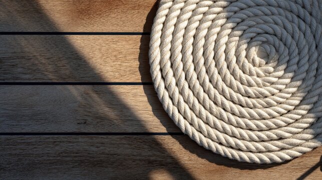Coiled white rope on teak wooden deck of a boat
