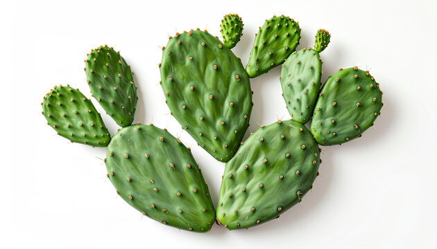 Fresh prickly pear cactus pads on a clean white background
