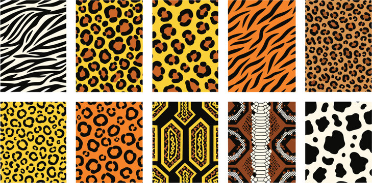 Animal Print Patterns Icons Set Featuring Zebra, Leopard, Tiger, Snake, and Cheetah Designs for Fashion and Textile Patterns