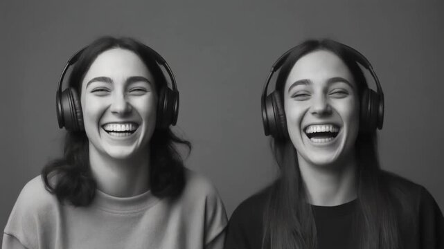 Two cheerful young women friends with headphones laughing out loud, enjoying music and sharing a happy moment together, perfect for lifestyle and entertainment promotions