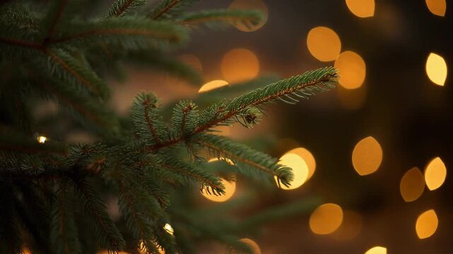 Close up view of a vibrant green evergreen fir tree branch with soft glowing golden bokeh lights in the background perfect for holiday season greetings or winter themed promotional materials