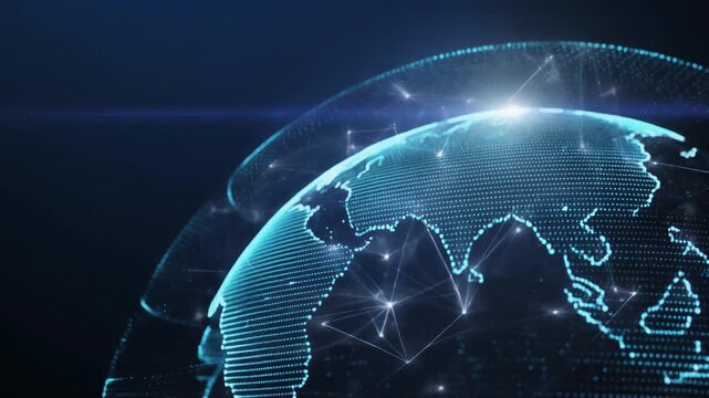 A futuristic glowing digital globe representing global communication and interconnected network technology, ideal for business presentations and data analytics visuals