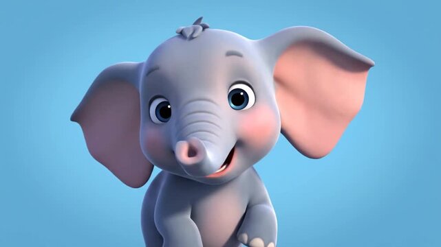 Cute Animated Baby Elephant Smiling on Blue Background