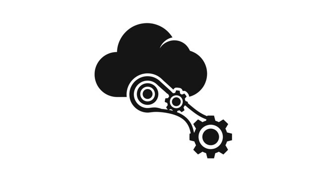 Cloud computing automation icon featuring a cloud silhouette integrated with mechanical gears. Symbol of cloud management, digital transformation, automated processing, and network optimization. Black