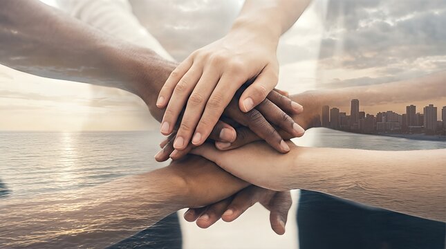 Multiple hands stacked together represent unity and teamwork against a cityscape backdrop.