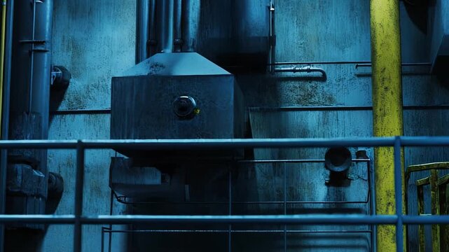 Industrial factory facade featuring various pipes, vents, and metal railings, all with a grimy, dark appearance, highlighting themes of abandonment and industrial decline