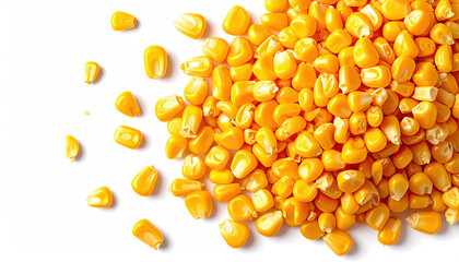 Fototapeta premium Vibrant Yellow Corn Kernels Scattered on a White Background