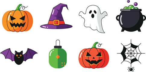 Obraz premium Halloween Icons Set Featuring Pumpkin, Witch Hat, Ghost, Cauldron, Bat, Spider, and Web for Spooky Season Decorations