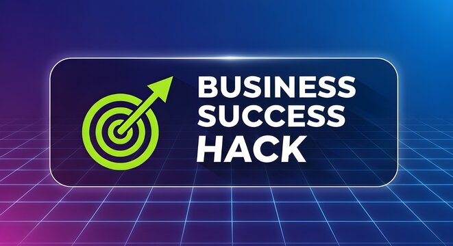 Business success hack text with target and arrow icon on grid background strategy