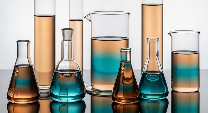 Laboratory glassware filled with colorful liquids for scientific research.