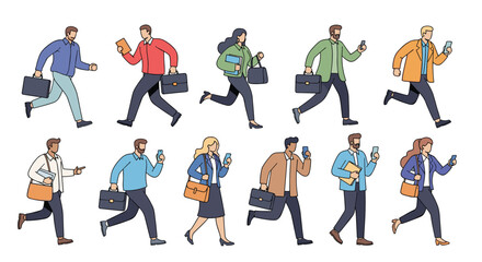 Fototapeta premium Large group of diverse business men and women running with briefcases, folders, and smartphones to represent a busy work life.