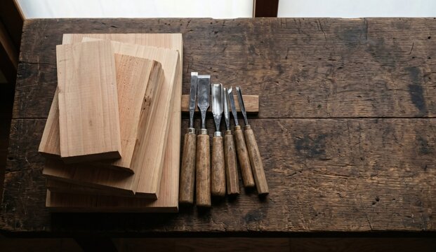 Top view flat lay of a traditional Japanese woodcarver artisan workspace with raw unfinished wood blocks and steel carving tools on a deeply weathered wood bench, craftsmanship concept