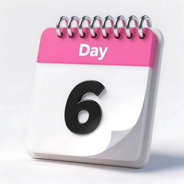 Stylish tear off calendar showing day six, modern design with pink header and clean white paper, set against a bright white background.