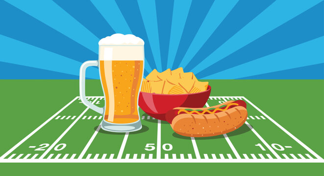 Tailgate party snacks including a mug of beer, bowl of nachos, and a hot dog on a green American football field background.