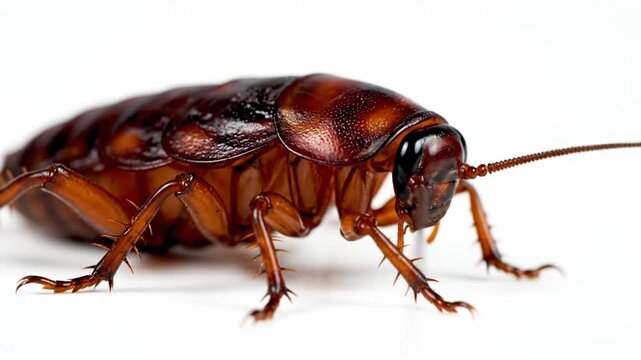 Macro close up of brown cockroach on white background