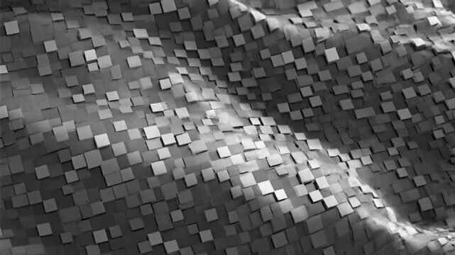 Abstract flowing surface composed of small square tiles in grayscale with light and shadow for modern background